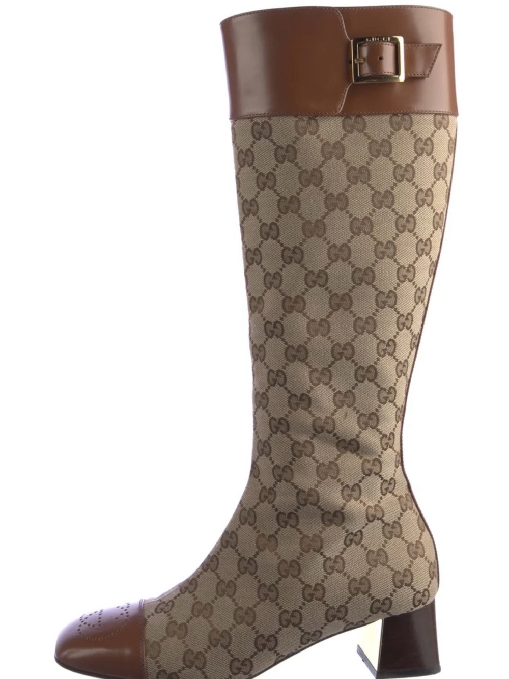 Gucci Beige & Brown Monogram Over-the-Knee Buckle Boot